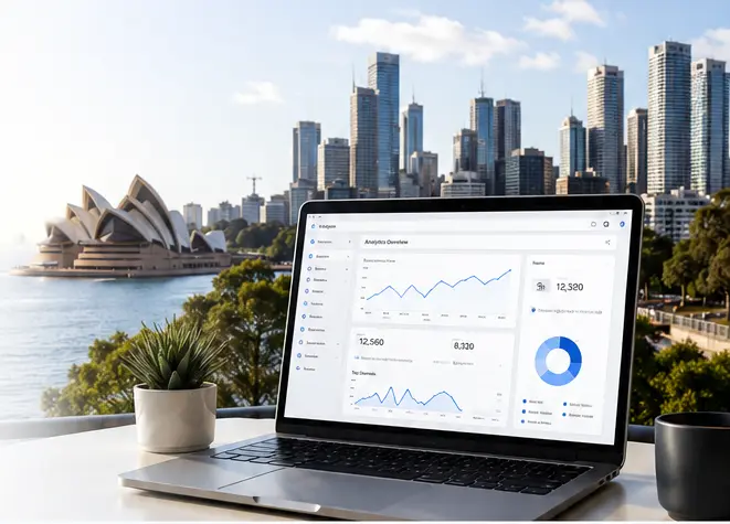 digital marketing australia Digital marketing dashboard on a laptop overlooking the Sydney skyline, representing SEO, Google Ads, and data analytics services for Australian businesses.