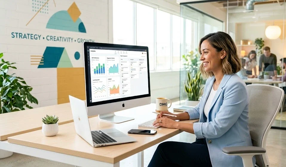 A smiling female digital marketing professional working at a clean, light-filled office desk. She is looking at a desktop monitor displaying colorful SEO analytics charts and performance graphs. The bright, modern office space features a laptop, natural lighting, and a wall mural with the words "Strategy, Creativity, Growth."