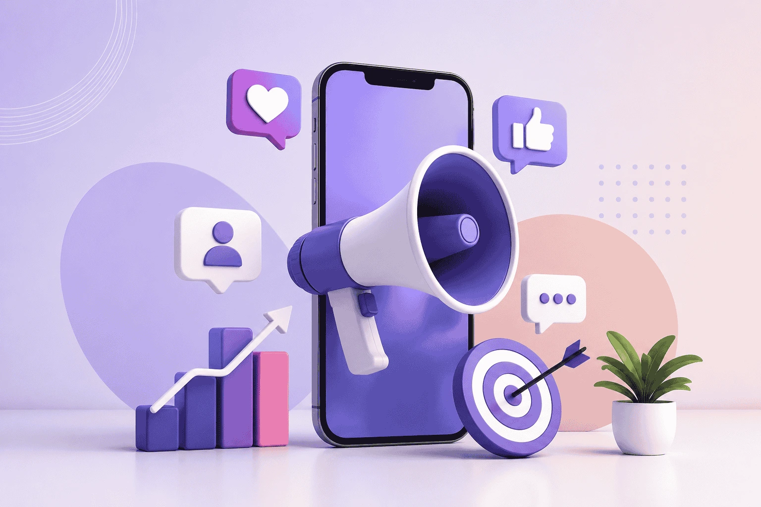 Influencer Marketing (1) Modern 3D illustration of influencer marketing featuring a smartphone with a megaphone, social media engagement icons, analytics chart, target icon, and digital marketing elements in a clean purple and pastel color palette.