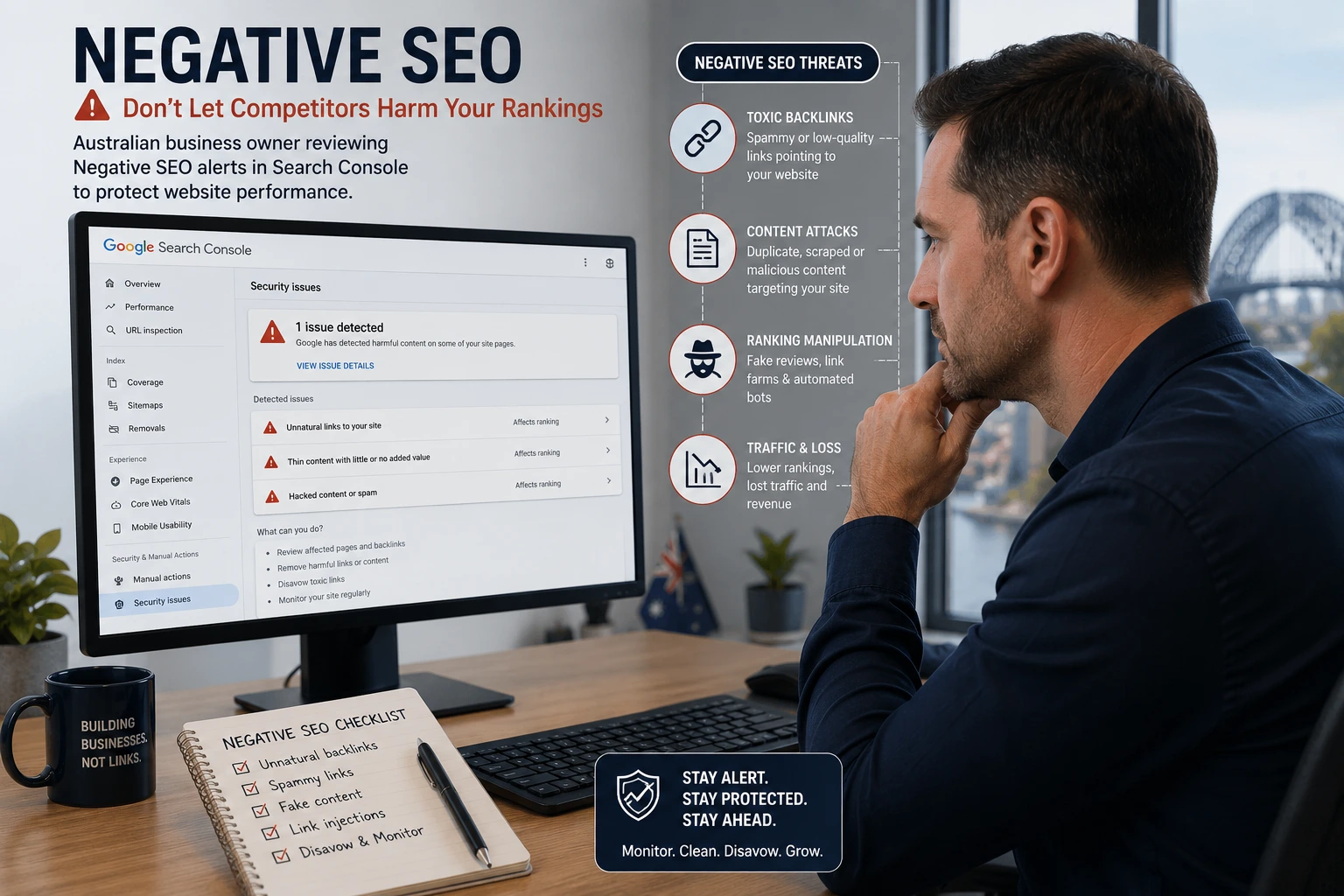 Australian business owner reviewing Negative SEO alerts in Search Console