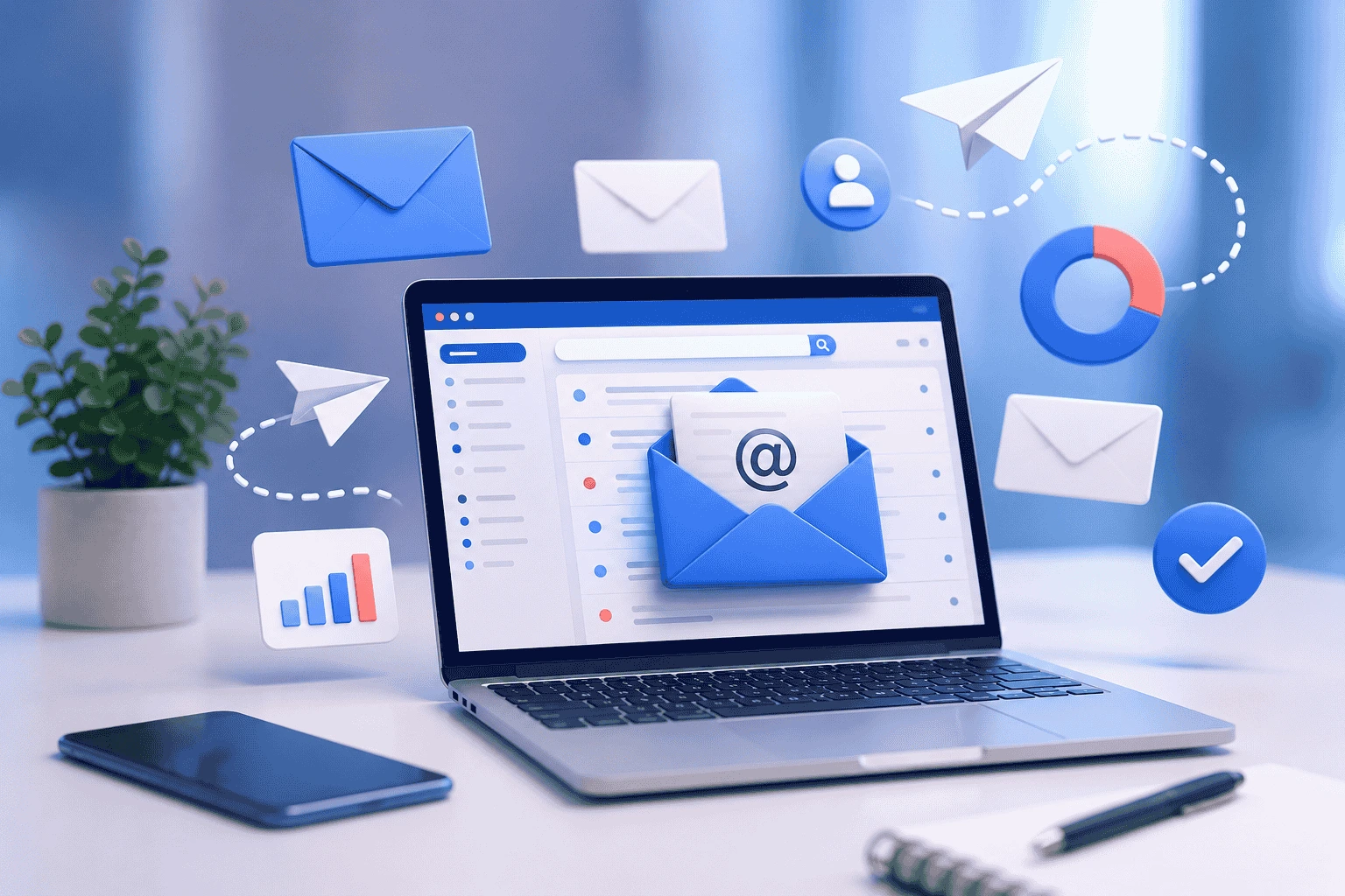 email marketing (1) Modern email marketing illustration with laptop, email inbox, analytics dashboard, and automation icons
