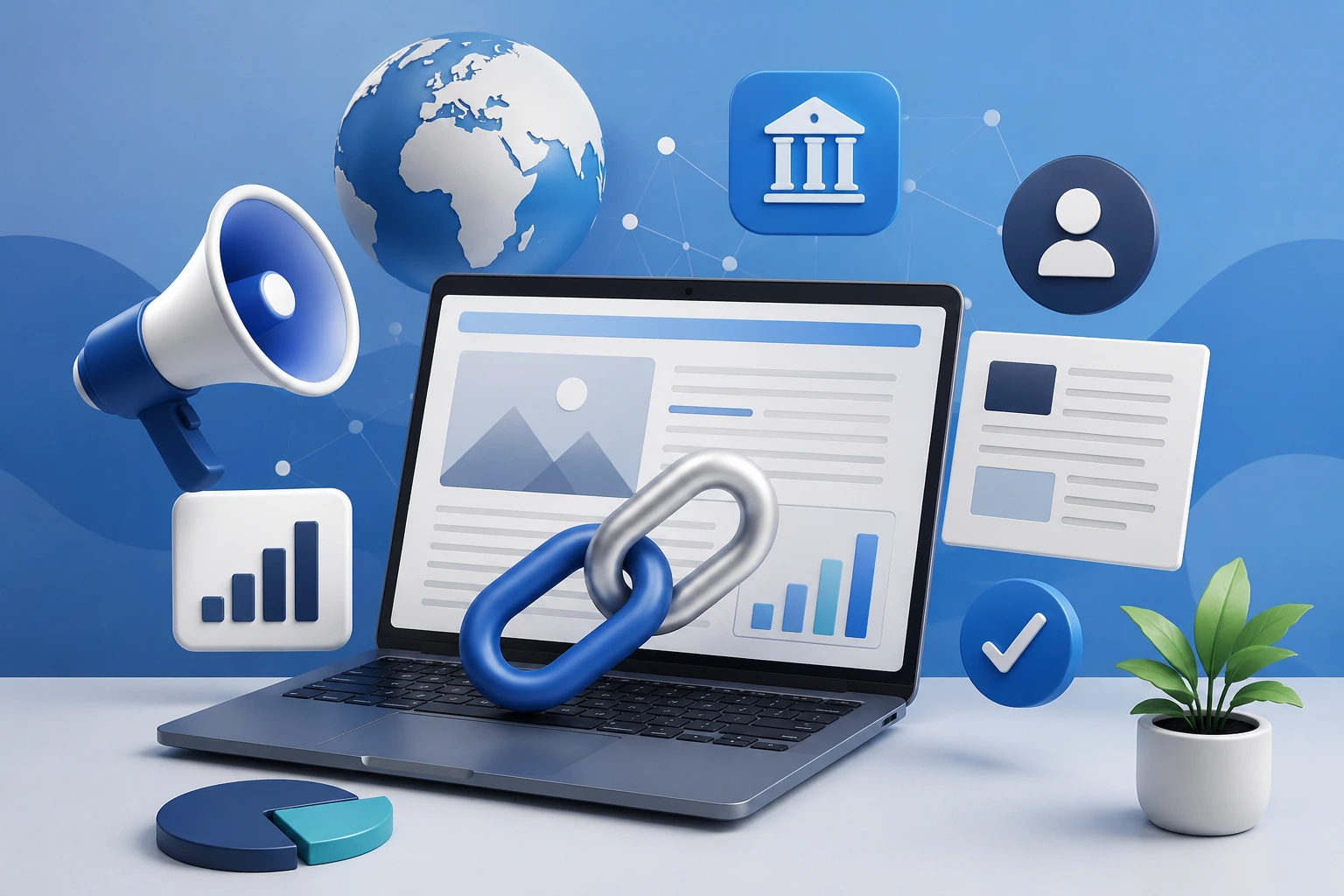 link building strategy Modern 3D illustration of a laptop displaying analytics dashboards with interconnected chain links, media icons, charts and digital PR elements, representing strategic link building, SEO authority and online brand visibility