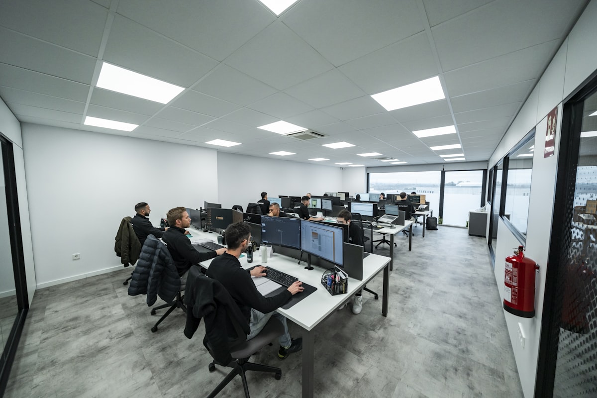 Open-plan office with rows of workstations