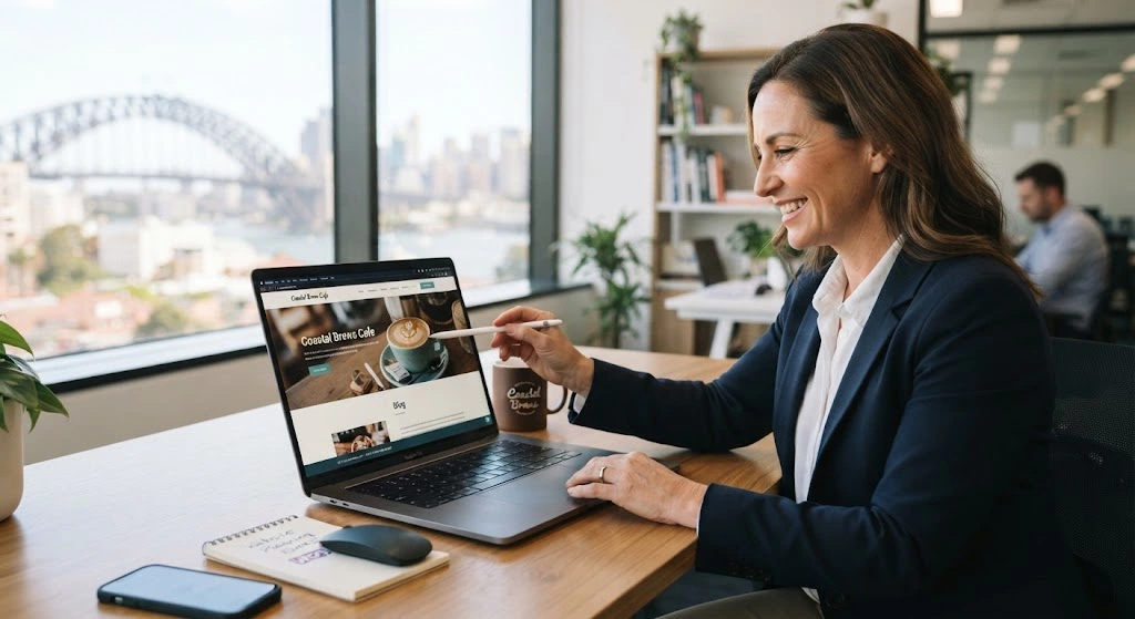 A smiling woman in a business suit sits at a desk in an office with a large window overlooking the Sydney Harbour Bridge and city skyline. She is pointing at a website displayed on an open laptop with a stylus. The website shows a coffee menu with the header "Coastal Brews". A branded mug, a notebook, and a smartphone are on the desk. Another person works in the background.
