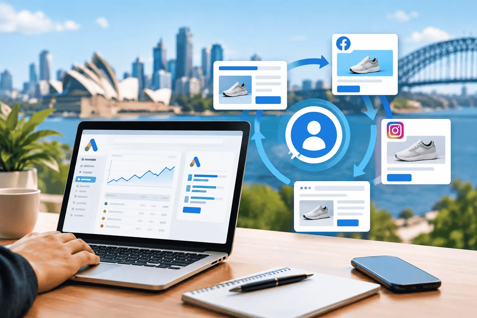 Digital marketing remarketing campaign concept with a laptop showing analytics, retargeting ads connected by circular arrows, and Sydney Harbour in the background.