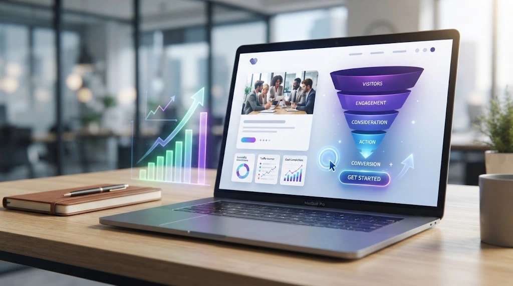 A professional laptop sitting on a wooden desk displays a modern digital marketing analytics dashboard and a conversion funnel visualization, highlighted by glowing performance metrics and soft purple and blue gradients.