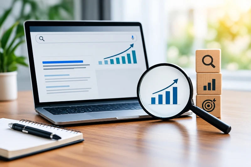 Laptop displaying SEO search analytics with a rising chart, magnifying glass, and search strategy icons on a modern workspace.