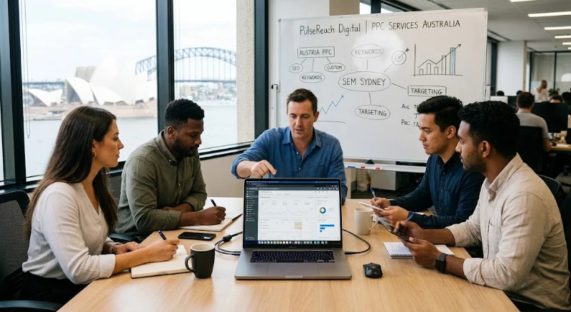 A diverse team of five digital marketing professionals is gathered around a laptop and a whiteboard in a modern office, collaboratively discussing a detailed "PPC Services Australia" strategy. The background offers a scenic view of the Sydney Opera House and Harbour Bridge, grounding the team in the specific market they are analyzing.