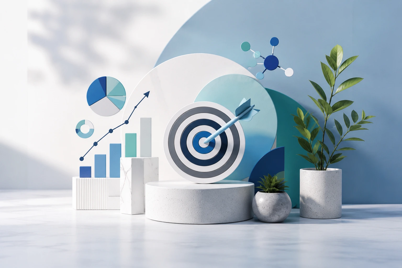 Content-Strategy Modern 3D illustration of a glowing light bulb surrounded by digital marketing, analytics, search, communication, and audience icons, representing content strategy, storytelling, AI-powered marketing, and business growth in a clean blue minimalist workspace.