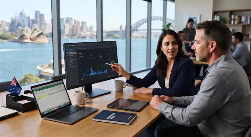 Professional digital marketing team analyzing data on a desktop and laptop in a modern office, comparing Google Ads vs SEO performance and ROI for business growth.
