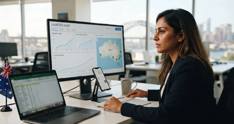 A professional woman in an office overlooking the Sydney Harbour Bridge conducts a detailed Local SEO Audit Checklist using data from a large monitor, laptop, and smartphone displaying charts and a map of Australia.