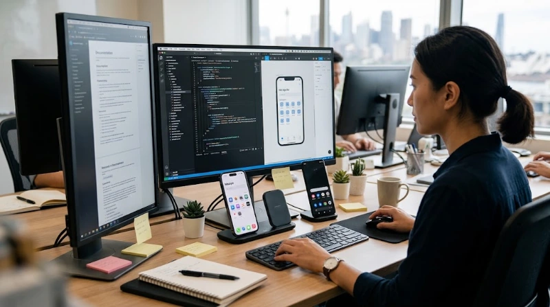 Native vs Cross-Platform App Development Australia A software developer working at a desk with dual monitors displaying app code and UI designs, with an iPhone and Android smartphone resting beside the keyboard in a modern office overlooking a city skyline.