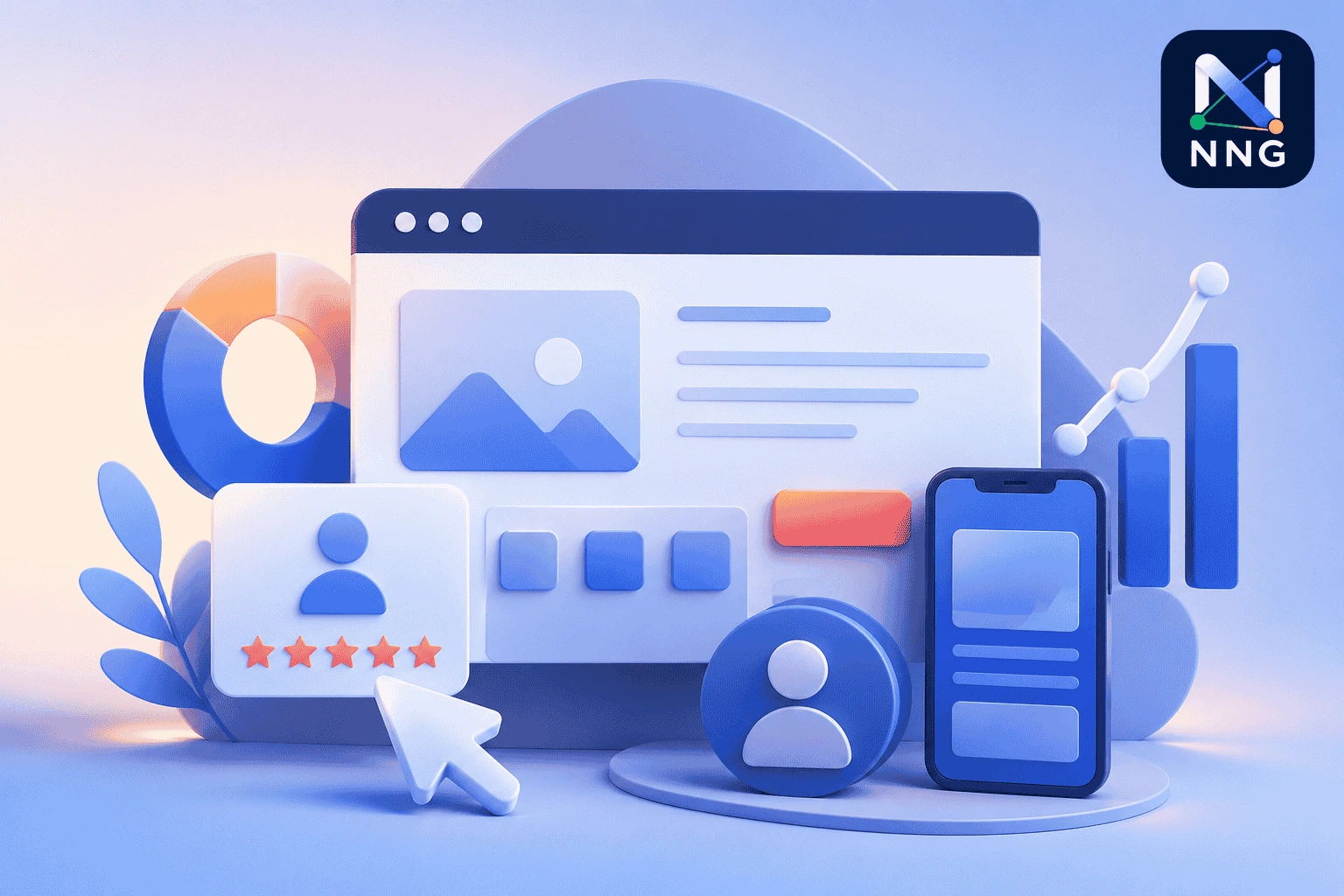 Modern 3D illustration of a user experience dashboard with website analytics, mobile interface, and NNG logo representing UX, usability, and digital performance.