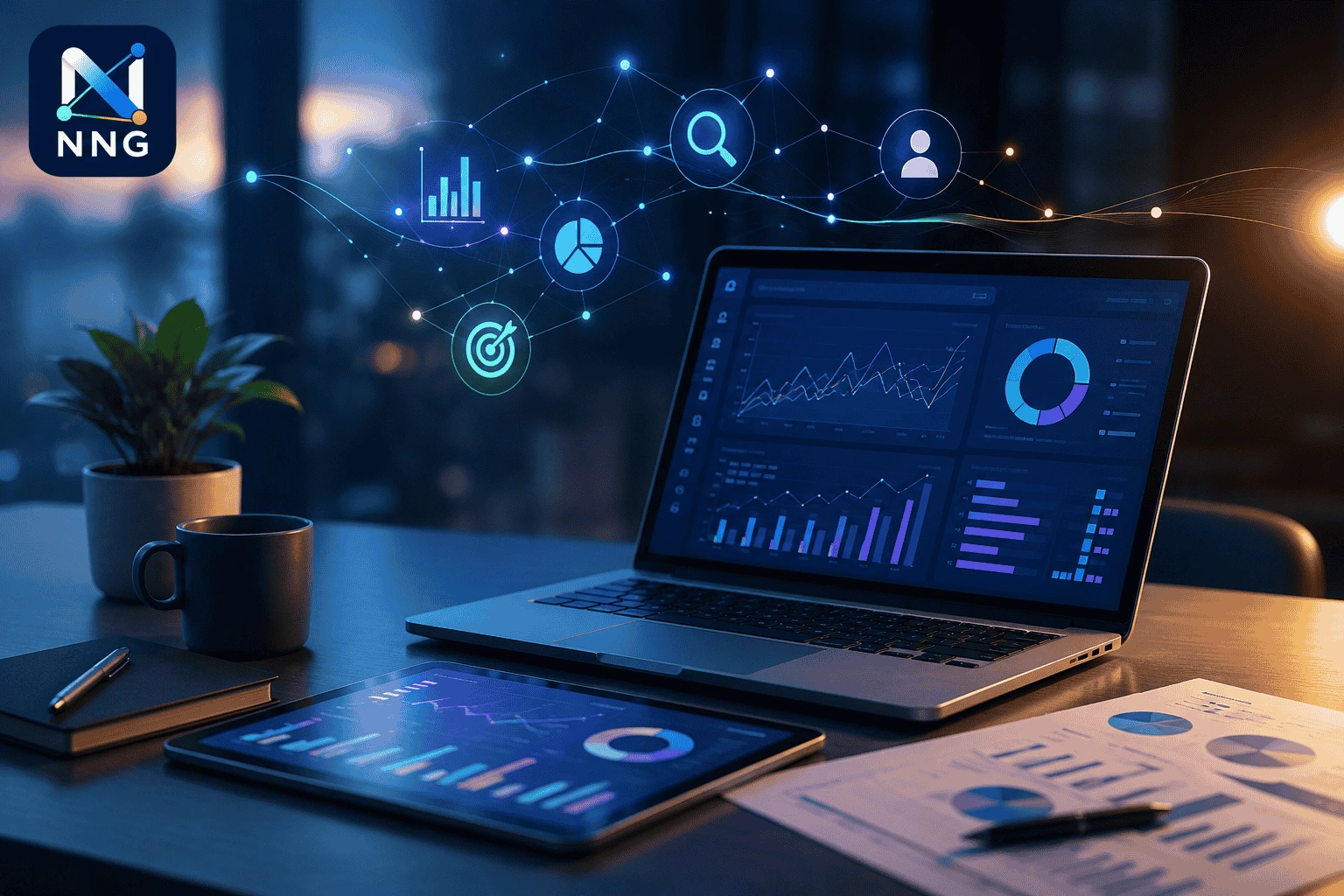 web-analytics Modern marketing analytics workspace featuring digital dashboards, performance metrics, and business intelligence visualizations.
