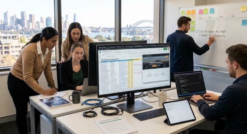 A digital agency team in Australia planning a website redesign, reviewing a URL mapping spreadsheet and writing 301 redirect launch tasks on a whiteboard.
